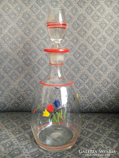 Vintage üveg butélia, poharakkal. Kézi zománcfestett. Szakított üveg.