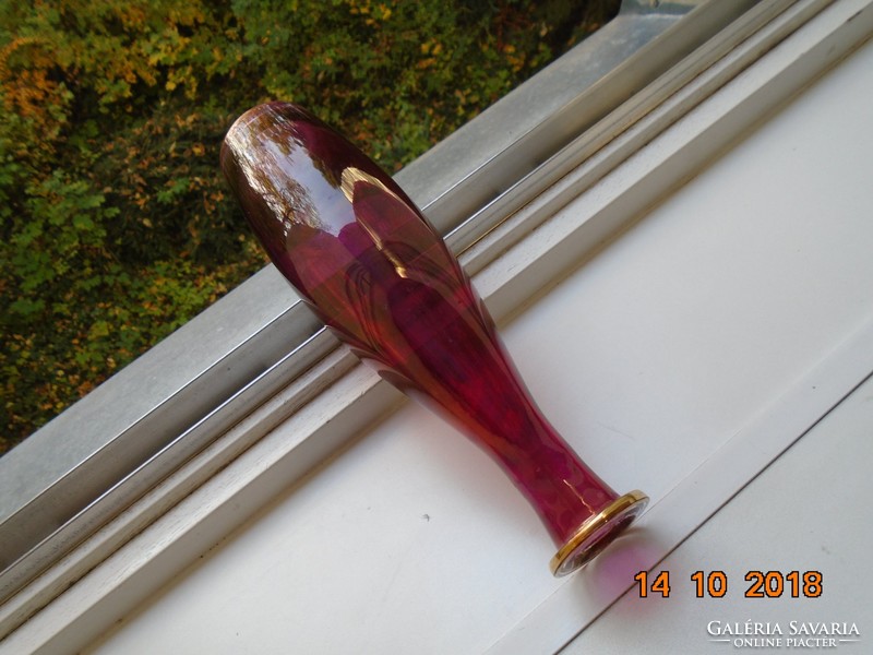 Antique iridescent colored glass pourer with golden rim stripe 24 cm