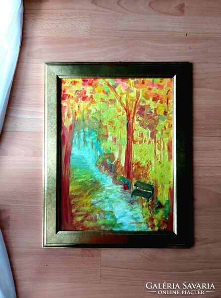 Kata Szabo "The bench" mixed media, watercolor paper, 40x30 cm with golden wooden frame, signed
