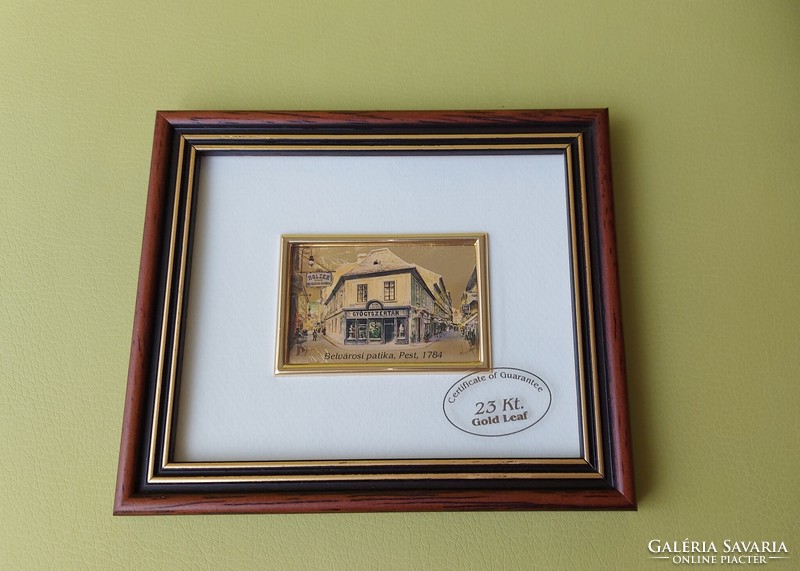 Miniature gold picture, wall picture printed on a gilded plate - street view of Pest 1784