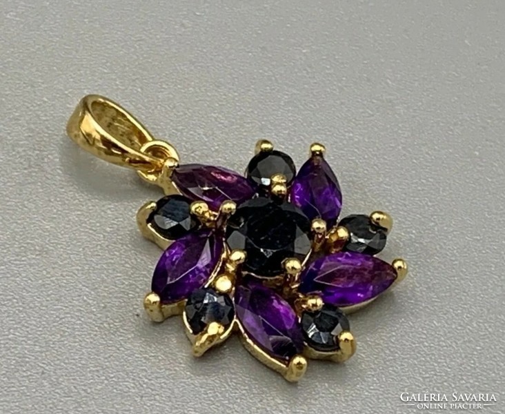 Wonderful amethyst-sapphire gem silver pendant, 14k gold plated 925 marked