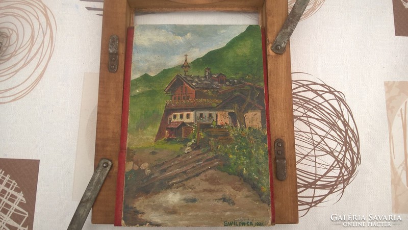 (K) old small landscape painting with a building in an interesting frame.