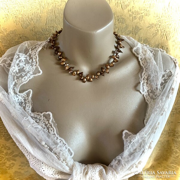 Vintage mineral necklace, baroque true pearl necklace with 925 silver dolphin