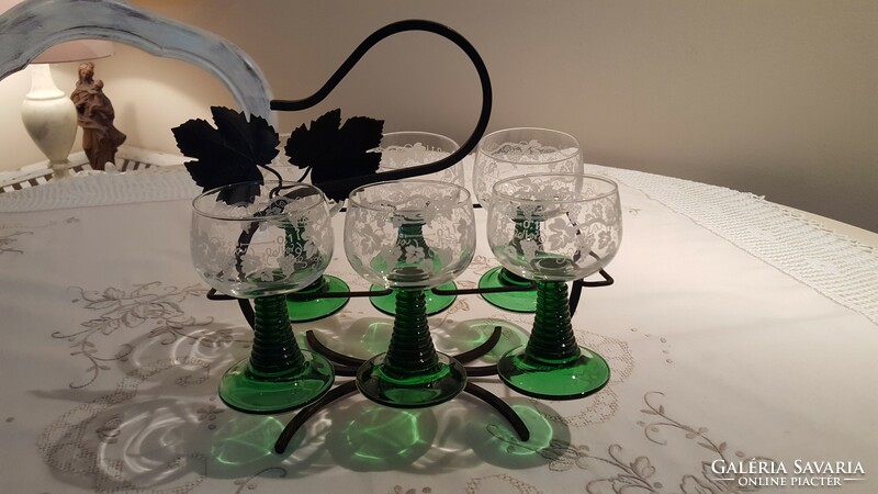 French wine glass set with grape leaf forged metal holder