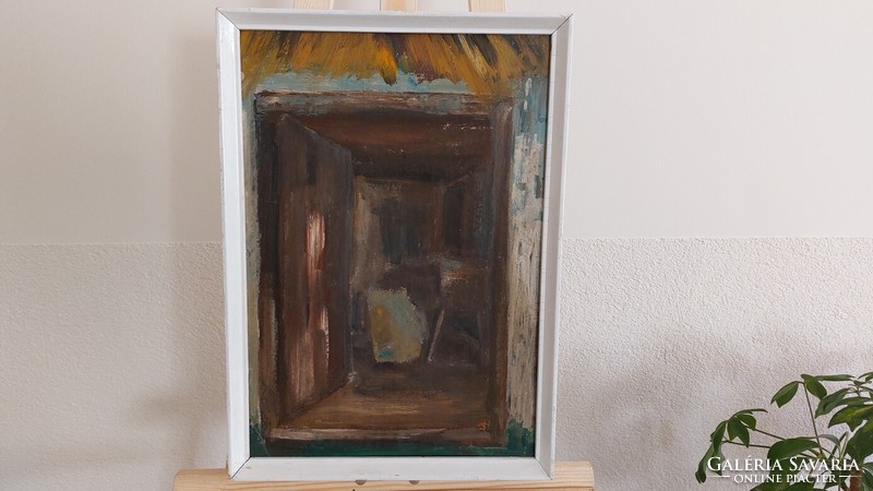(K) Istálló ajtón keresztül festmény 37x53 cm kerettel