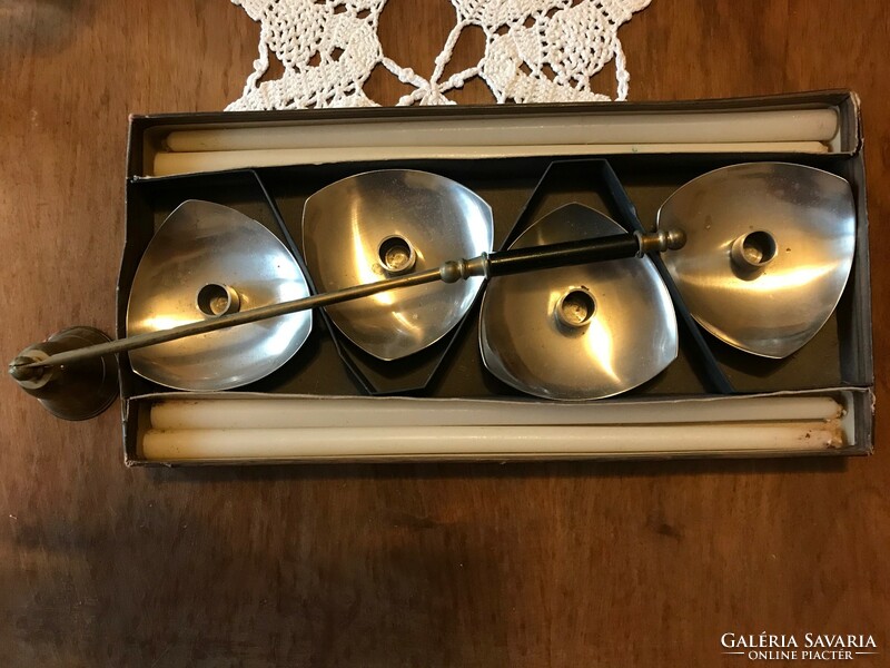 Nickel-plated metal candle holder set, with candle extinguisher and candles. From Austria. In new condition.