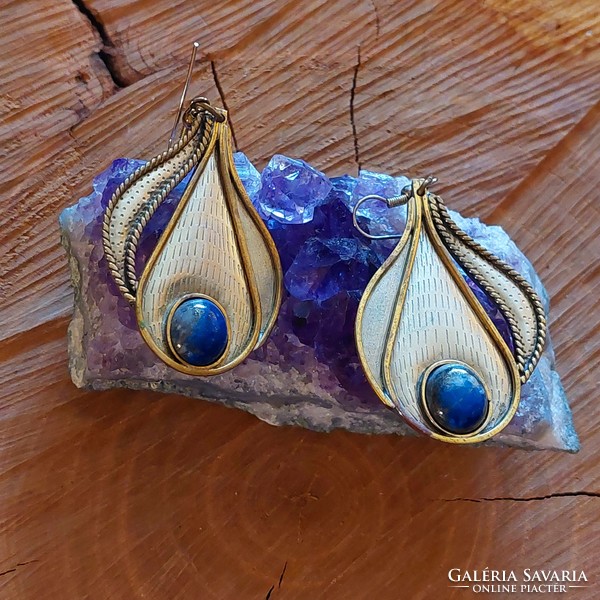 Silver-colored metal earrings with lapis lazuli stone and gold-plated decoration
