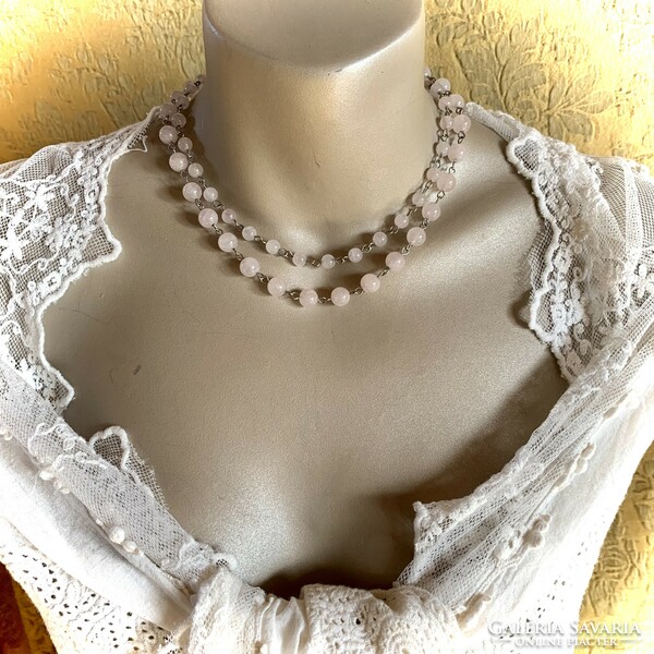 Vintage rose quartz mineral necklace, rose quartz necklace, multi-row pink chain, 48 cm