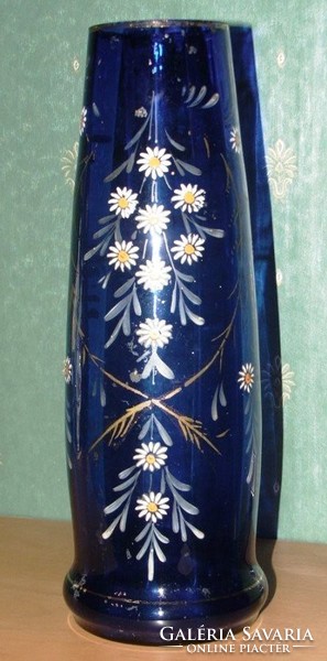 Old, painted, gilded blue glass vase - 30.5 cm