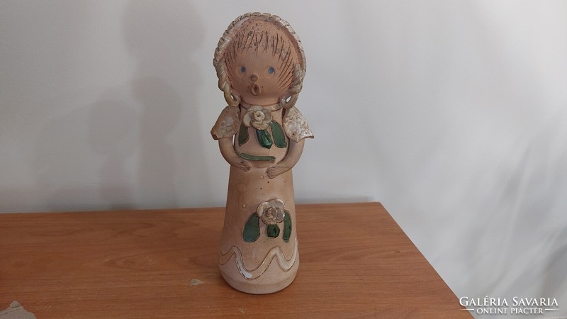 (K) worn and slightly damaged ceramic figure with pm mark, damage photographed. It is about 22 cm high