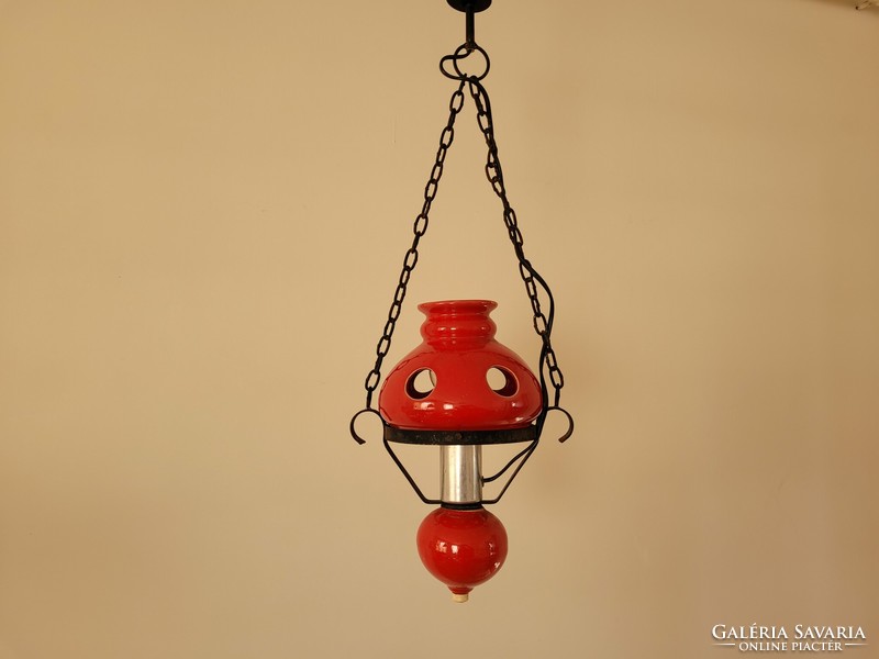 Old vintage iron and ceramic ceiling chain lamp chandelier