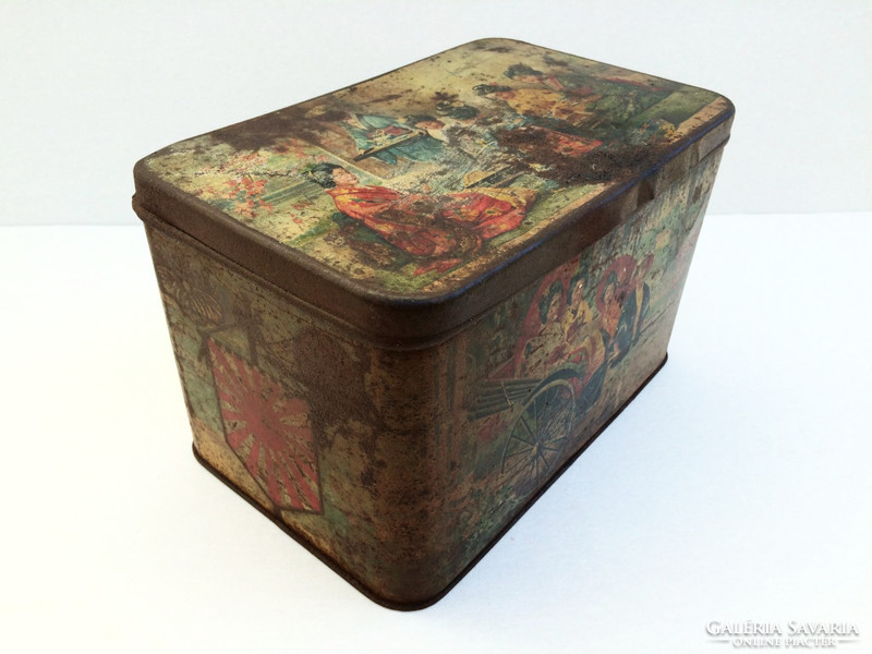 Antik régi japán teás vintage fémdoboz 22 cm pléh doboz