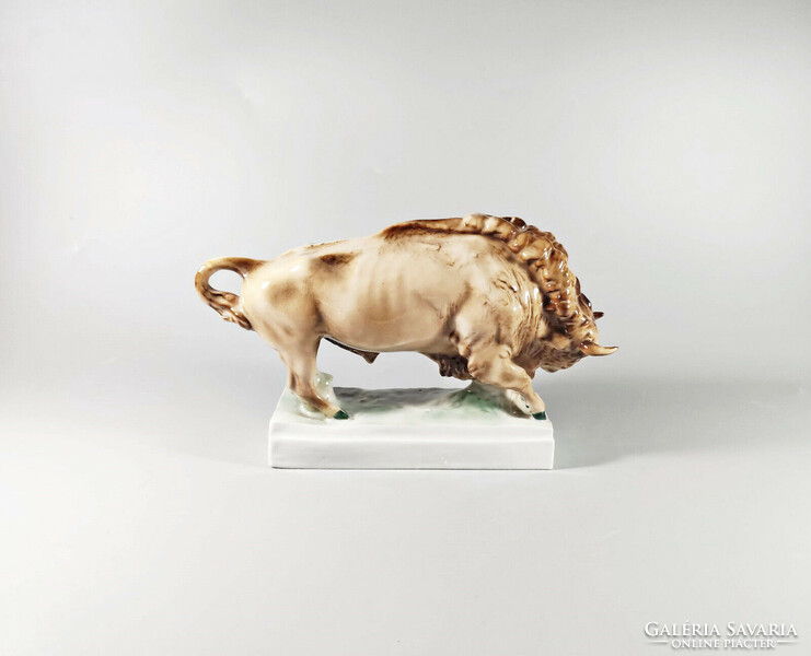 Zsolnay, standing bison hand-painted porcelain figure, flawless! (J310)