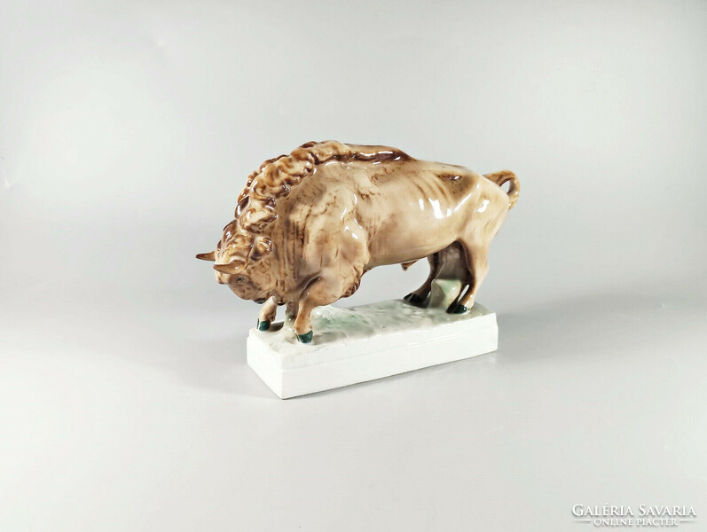 Zsolnay, standing bison hand-painted porcelain figure, flawless! (J310)