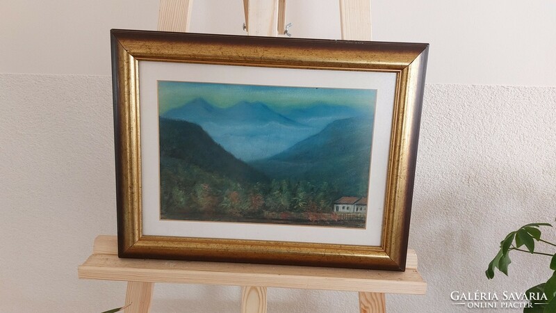 (K) landscape with a small cottage, 43x33 cm frame. Pastel or chalk.