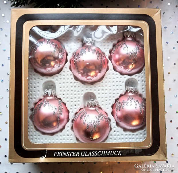 Régi nyugat német üveg rózsaszín gömb karácsonyfa díszek 11db 5-6cm