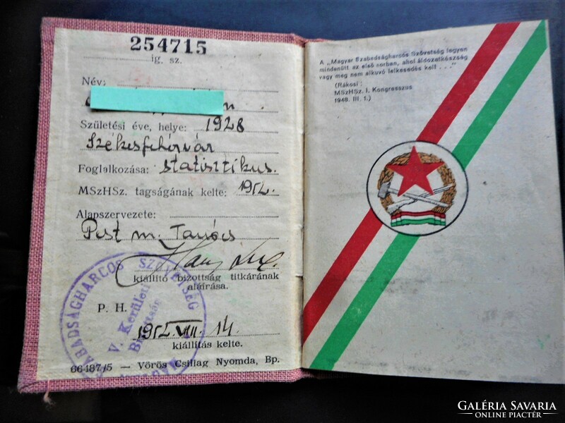 Magyar Szabadságharcos Szövetség tagkönyv (Székesfehérvár)
