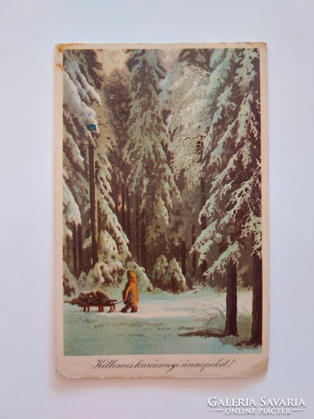 Régi karácsonyi képeslap rajzos levelezőlap havas fenyőerdő