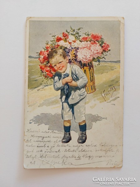 Régi képeslap K. Feiertag levelezőlap kisfiú virágok