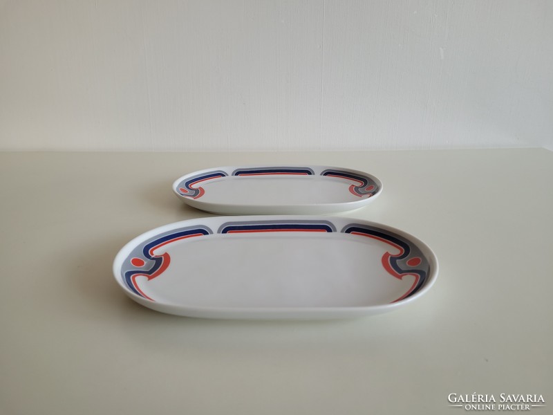 Retro 2 db Alföldi porcelán kék piros menza mintás ovális tányér tál tálca