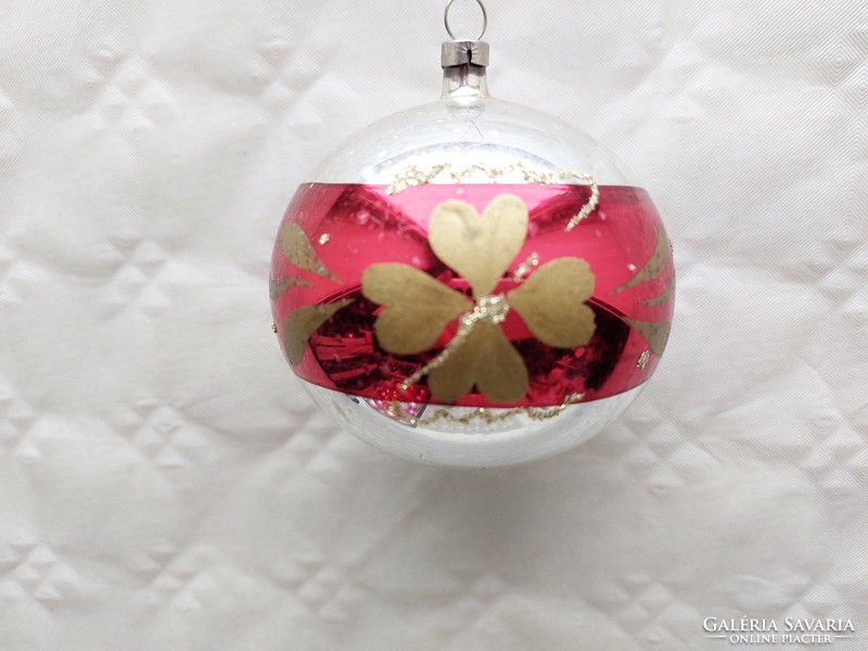 Retro üveg karácsonyfadísz régi festett lóhere mintás nagy gömb üvegdísz