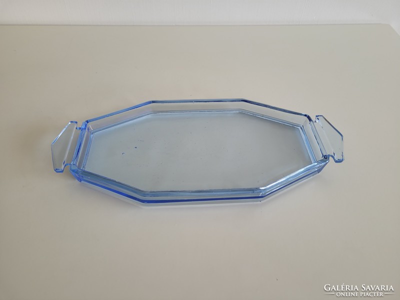 Old art deco glass tray offering short drinks blue square glass tray 35 cm