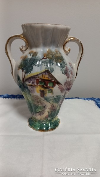 Porcelain faience vase, with painted decoration, gilded decor, illegible mark