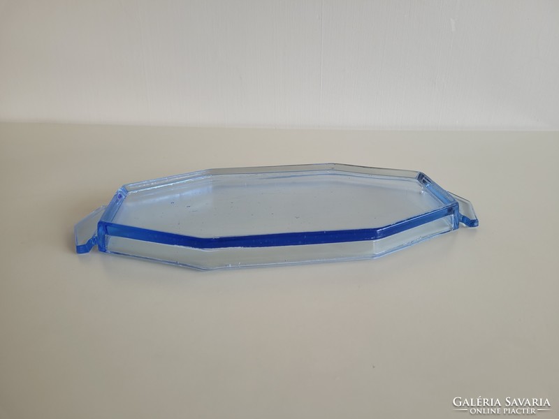 Régi art deco üvegtálca rövidital kínáló kék szögletes üveg tálca 35 cm