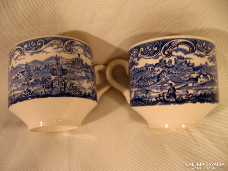 Pair of retro blue spectacular English cups. Farm, castle, pecan