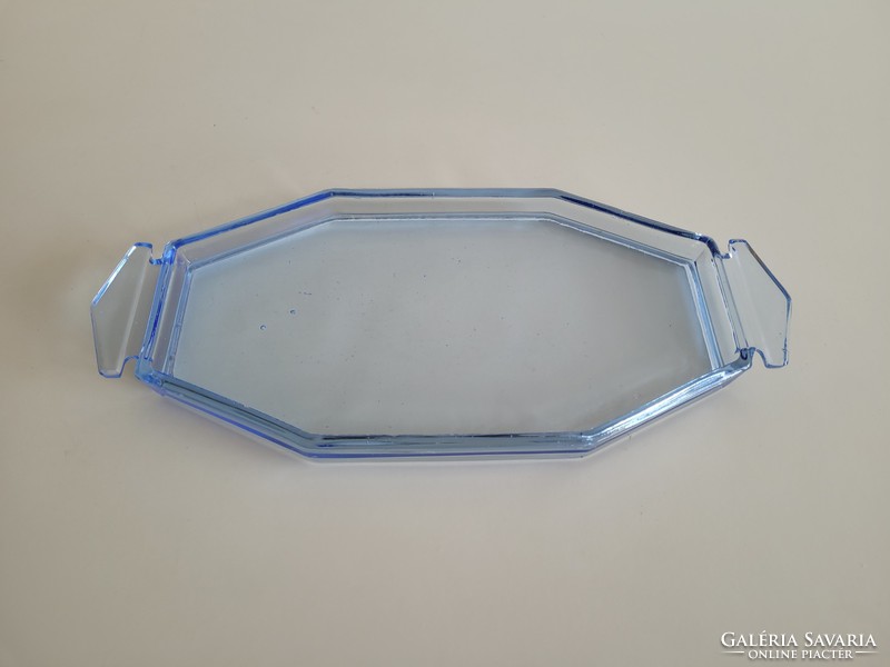 Régi art deco üvegtálca rövidital kínáló kék szögletes üveg tálca 35 cm