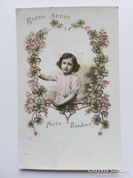 Régi képeslap fotó levelezőlap kislány lóhere
