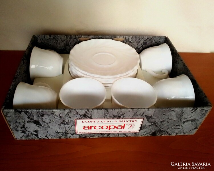 6 személyes retro francia Arcopal fehér tejüveg kávés mokkás készlet dobozában hibátlan újszerű