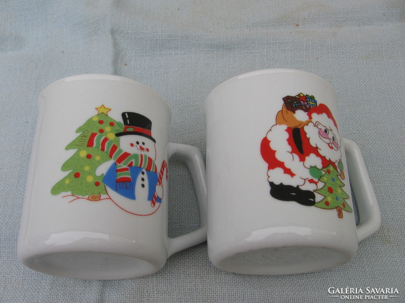 Pair of quality mugs with a Christmas tree and Santa Claus with a snowman