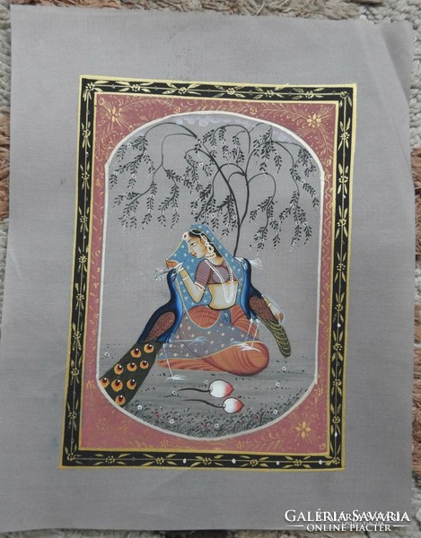 Goddess under cherry tree - Indian silk painting
