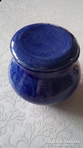 Blue glazed ceramic container with sugar bowl