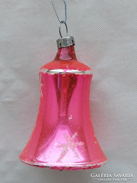 Régi üveg karácsonyfadísz pink csengő üvegdísz