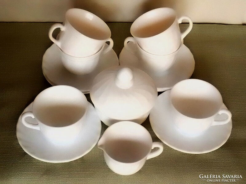 6 személyes vintage francia Arcopal fehér tejüveg teás csésze készlet cukortartó tejkiöntő hibátlan