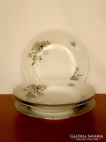 Two-person vintage German Bavarian porcelain dinnerware flat and deep soup plate fine floral pattern