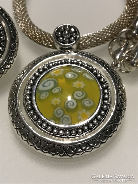 Murano jewelry set with millefiori glass inserts in a silver-plated frame