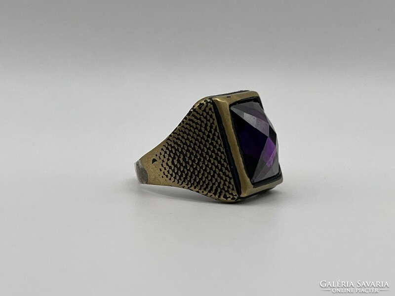 Antique style Israeli silver signet ring with translucent special dark purple faceted glass