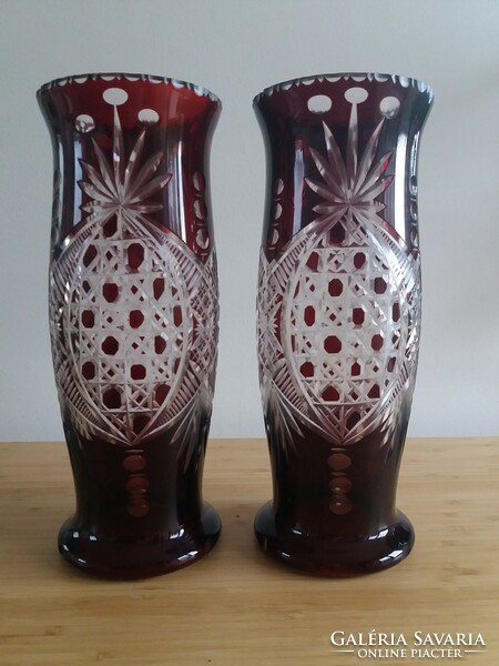 Pair of 2 burgundy polished lead crystal vases