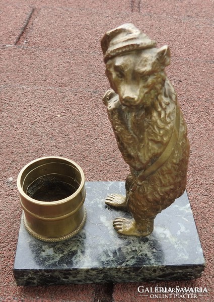 Antique bronze bear with honey bucket on marble base - antique figural storage