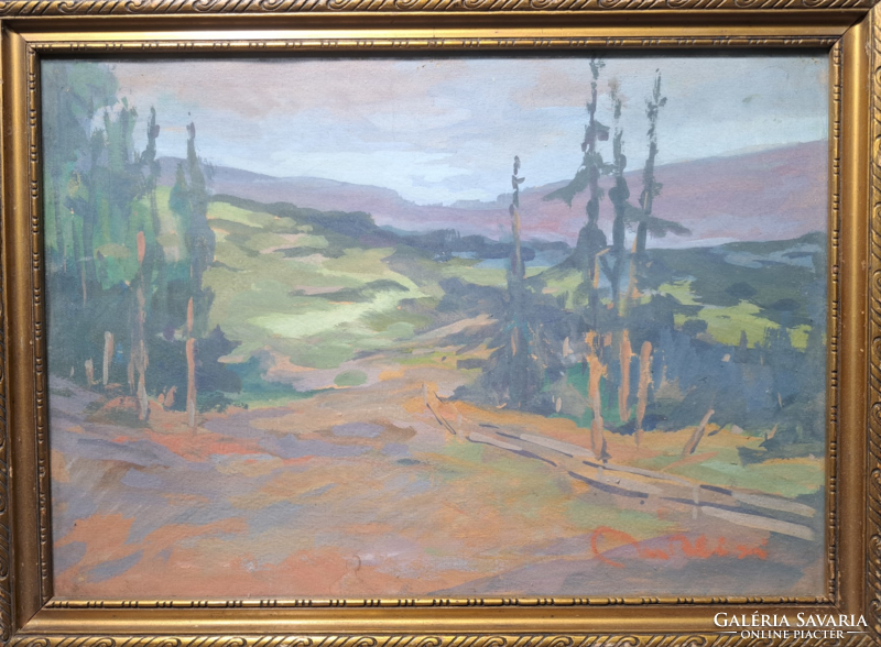 Landscape with pine trees - unidentified mark - full size: 38x28cm