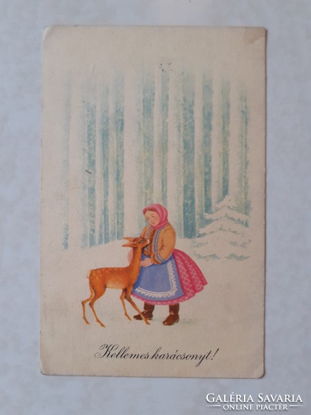 Régi karácsonyi képeslap 1957 levelezőlap őzike havas erdő