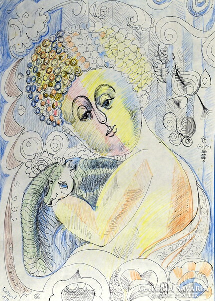 István Kozma (1937 - 2020) portrait of a girl with a snake-like creature!
