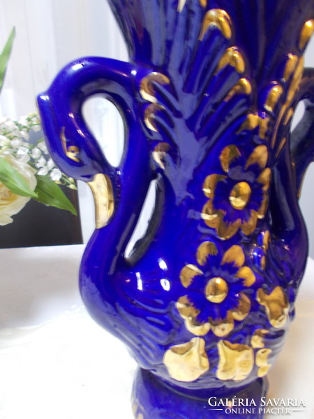 Hatalmas szépséges régi kék arany dekoros Bohemia kézzel festett jelzett nagy váza hibátlan