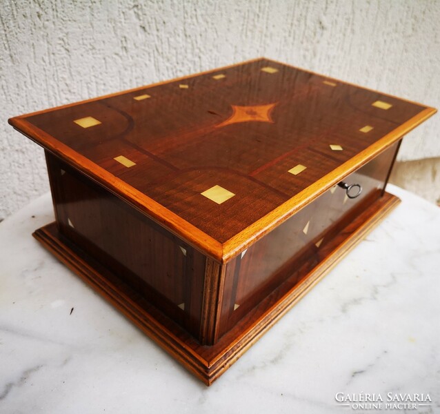 Beautiful Art Nouveau inlaid wooden box can be locked with a key. Art deco antique can also be used as a modern gift!
