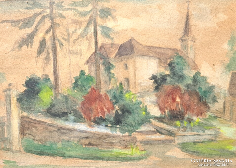 Szantrucsek Jenő (1903-1965): Sümegcsehi, 1958 (akvarell) zalai utcakép templommal, Santrucek Jenő