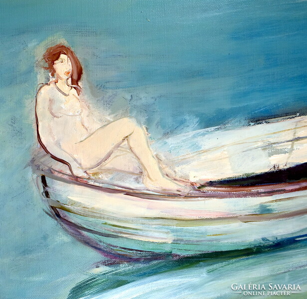 Tamás György Madarassy (1947) nude in a boat