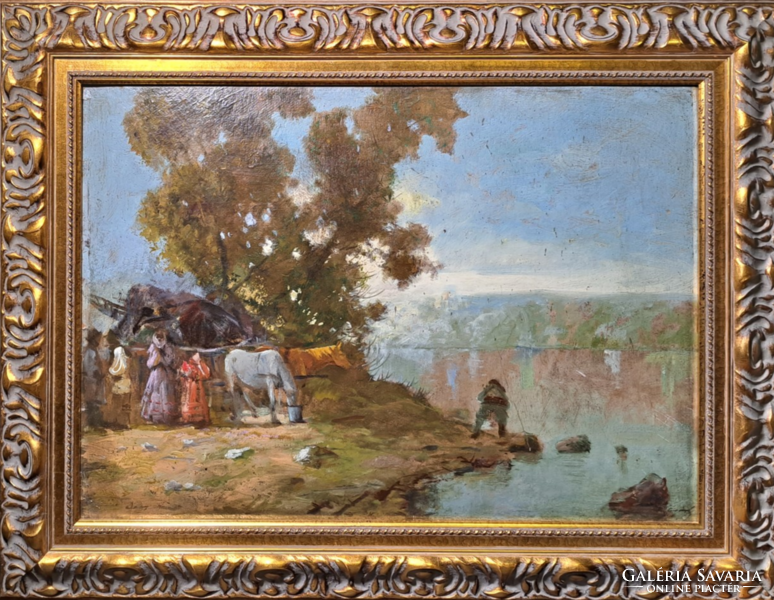 Fisherman's farm (oil painting, framed 90x70 cm) in the manner of lime gauze - unidentified mark